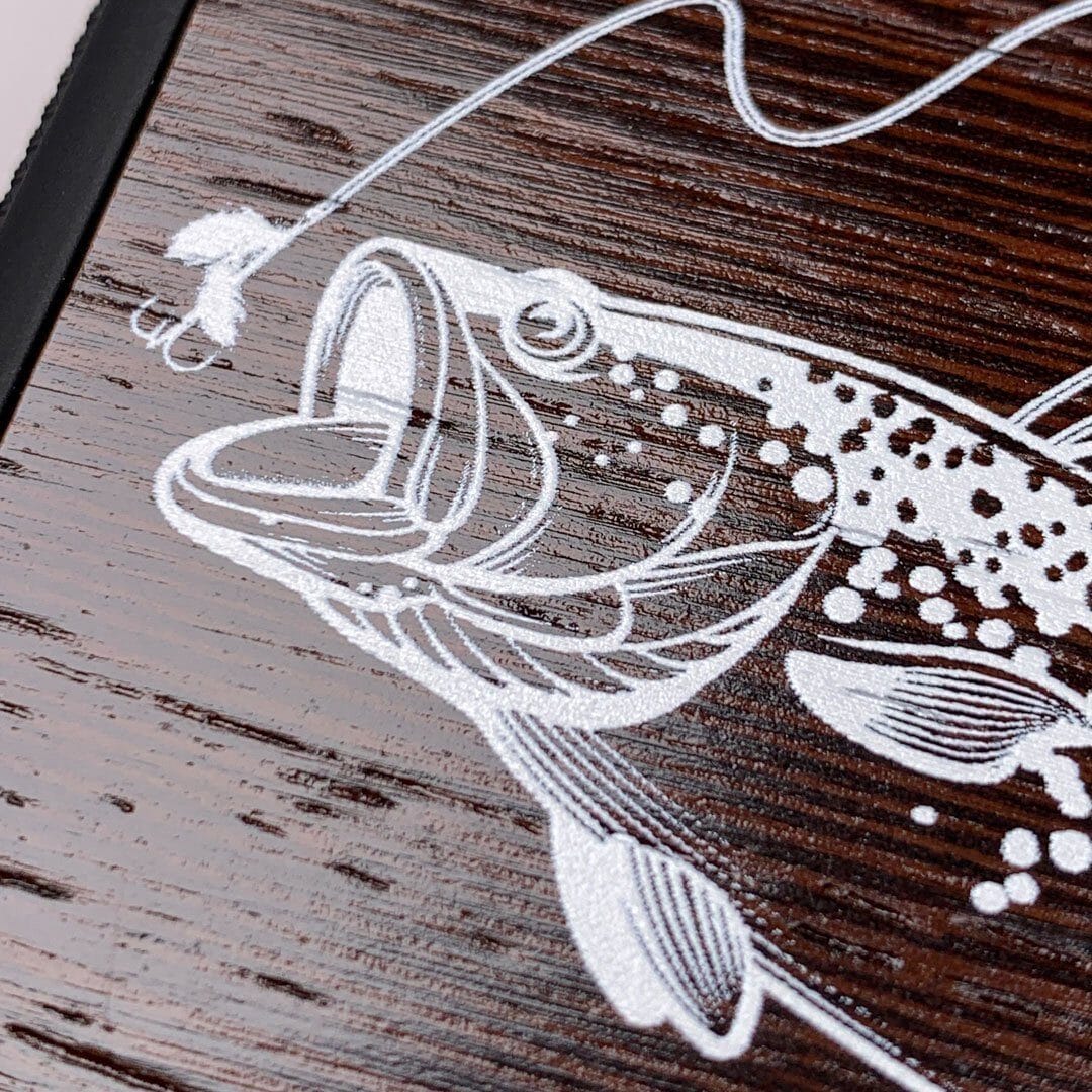 Zoomed in detailed shot of the Angler UV-printed Wenge Wood iPhone 16 Pro MagSafe Case by Keyway Designs