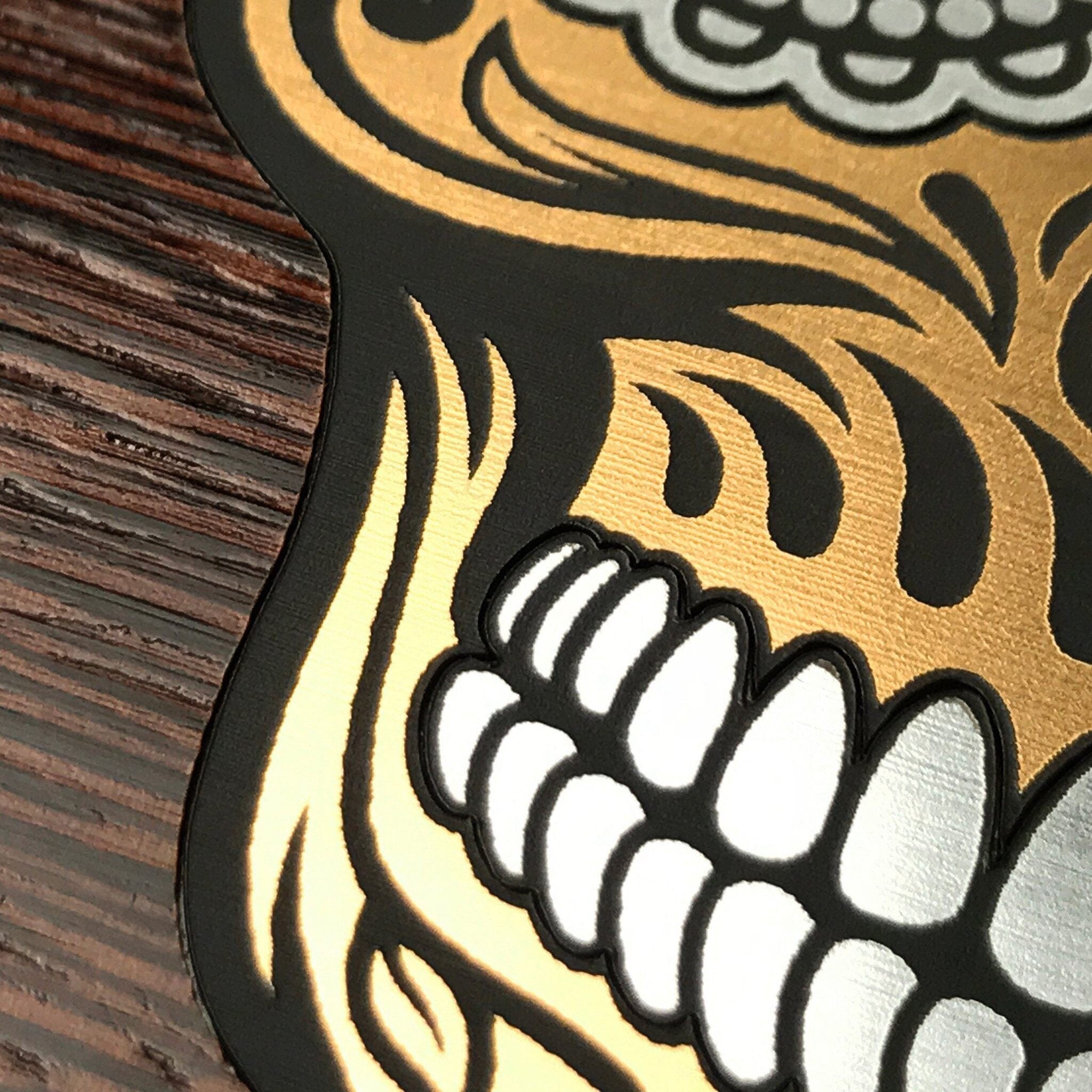 Zoomed in detailed shot of the Calavera Wood Sugar Skull Wood iPhone 16 Pro Max MagSafe Case by Keyway Designs