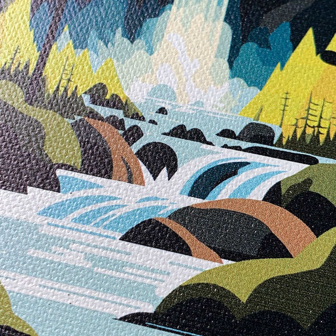 Zoomed in detailed shot of the stylized peaceful forest waterfall making it's way through the rocks printed to cotton canvas iPhone 16 Pro Max MagSafe Case by Keyway Designs