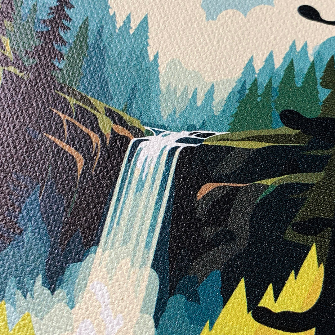 Zoomed in detailed shot of the stylized peaceful forest waterfall making it's way through the rocks printed to cotton canvas iPhone 16 MagSafe Case by Keyway Designs