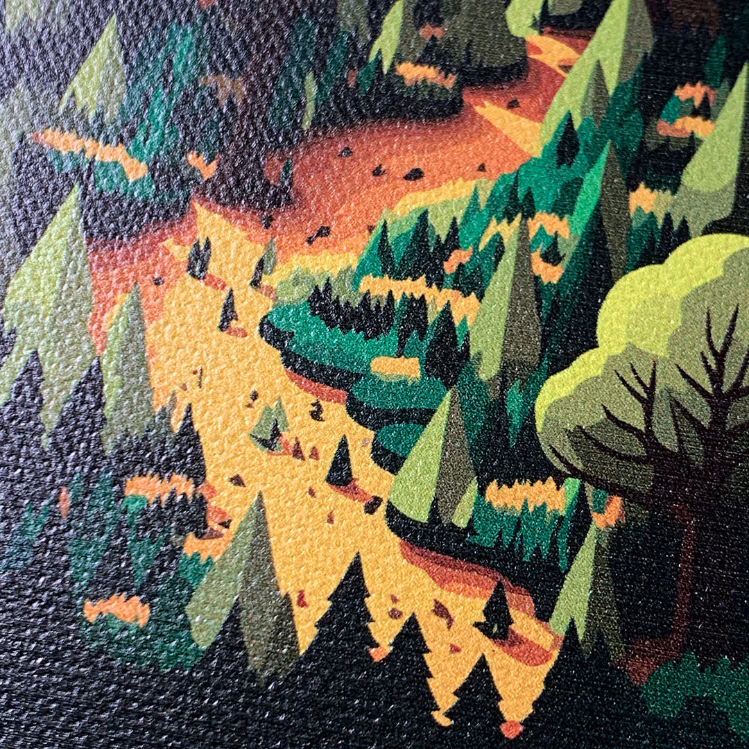 Zoomed in detailed shot of the stylized quiet forest path making it's way through the evergreen trees printed to cotton canvas iPhone 16 MagSafe Case by Keyway Designs