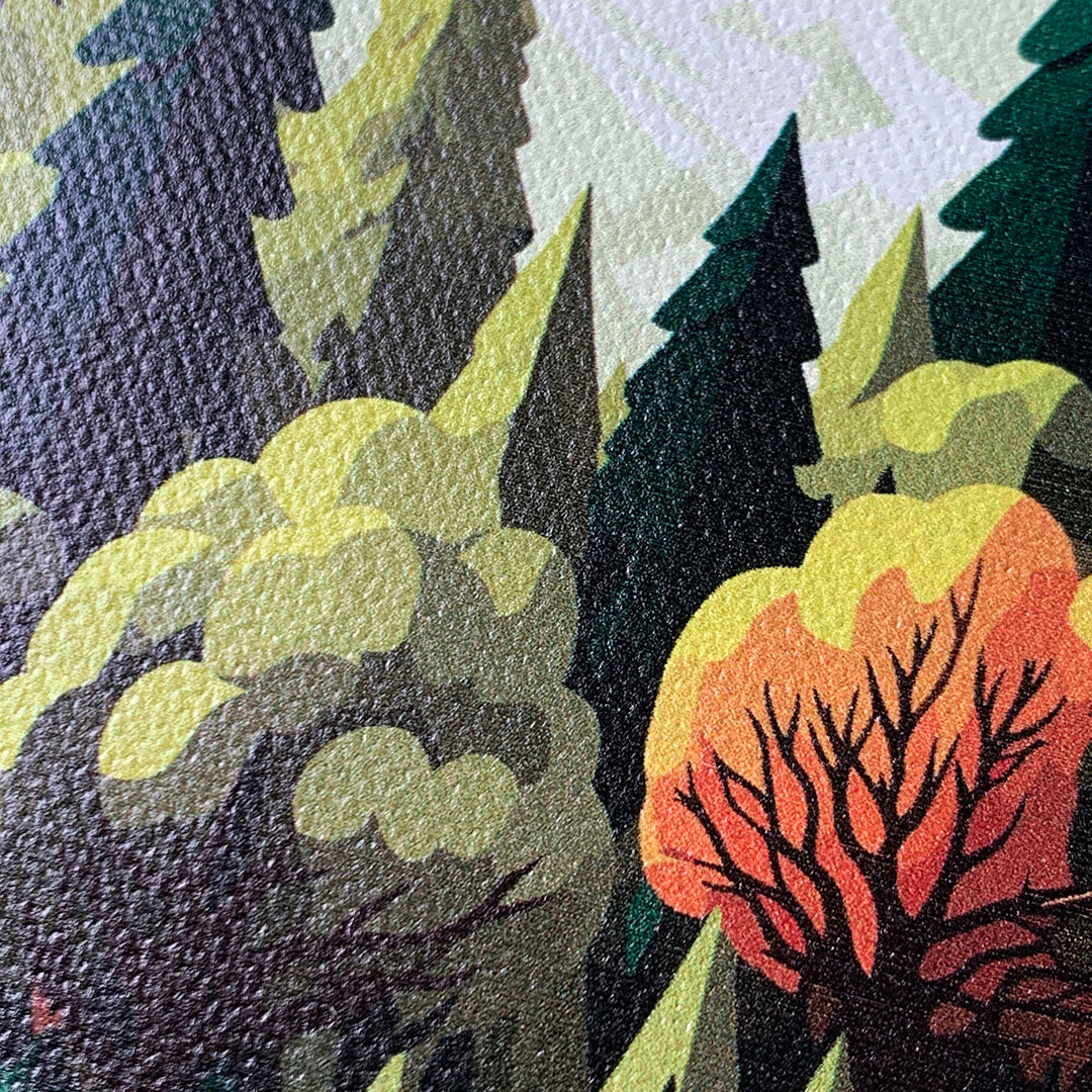 Zoomed in detailed shot of the stylized quiet forest path making it's way through the evergreen trees printed to cotton canvas Galaxy S25+ Case by Keyway Designs