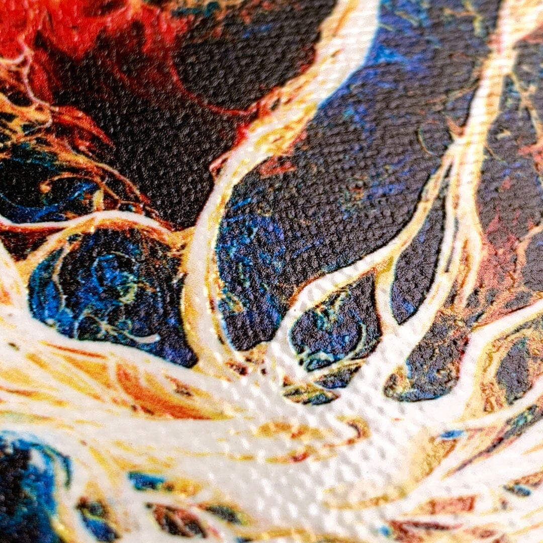 Zoomed in detailed shot of the stylized AI generated art print created by John Wingfield printed to cotton canvas iPhone 16 MagSafe Case by Keyway Designs