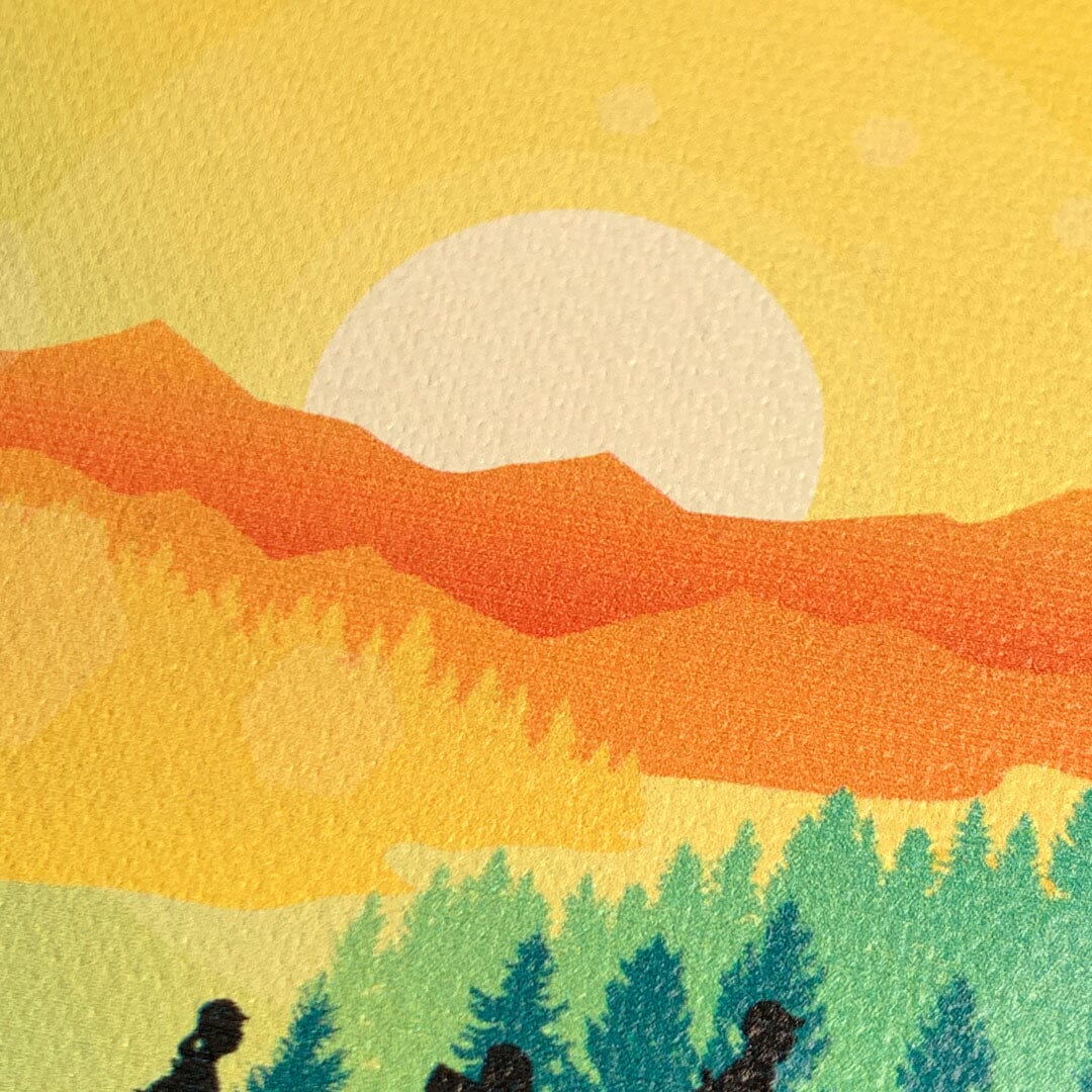 Zoomed in detailed shot of the stylized group of travellers on an expedition in the mountains printed to cotton canvas iPhone 16 Plus MagSafe Case by Keyway Designs