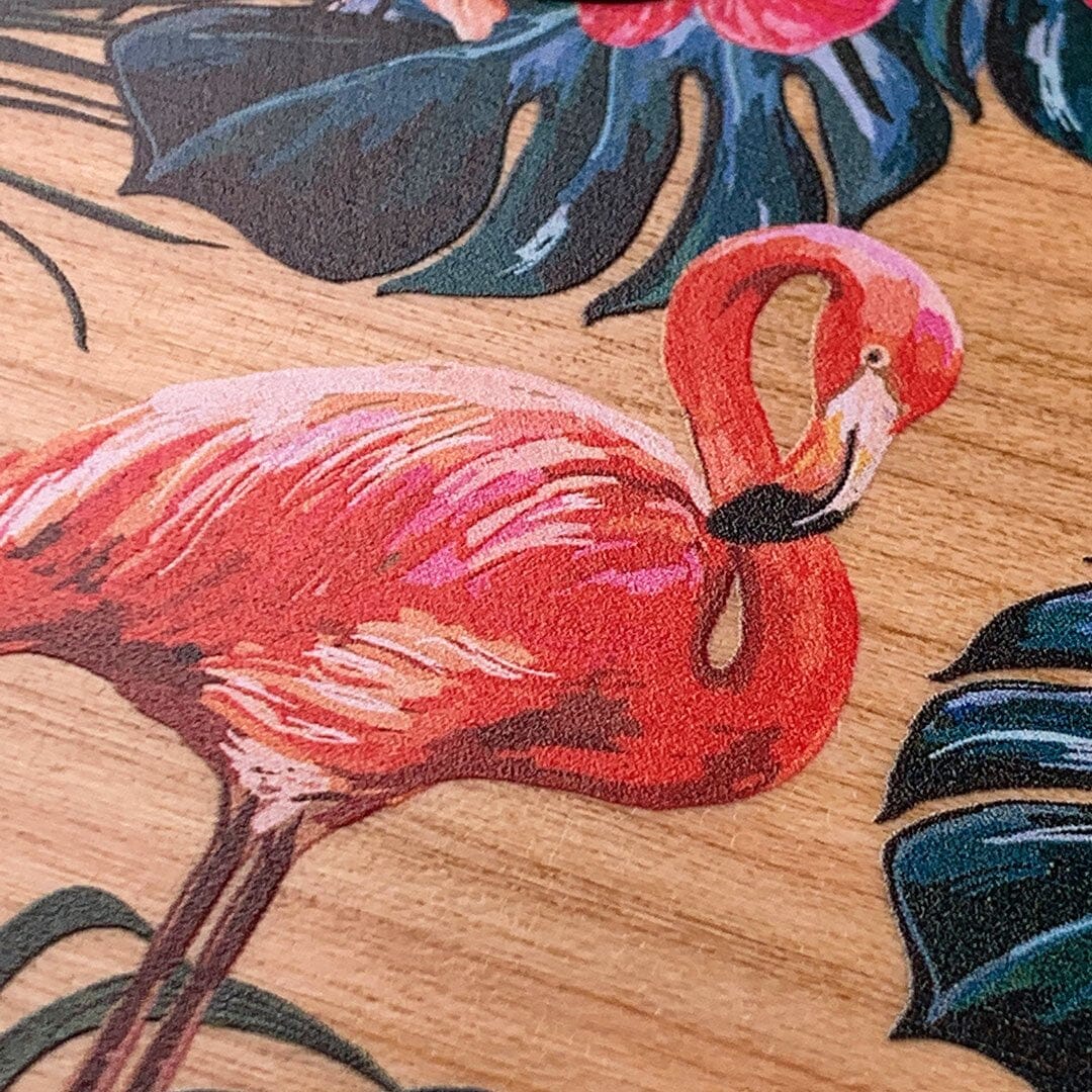 Zoomed in detailed shot of the Flamingo & Floral printed Cherry Wood Galaxy S25 Case by Keyway Designs