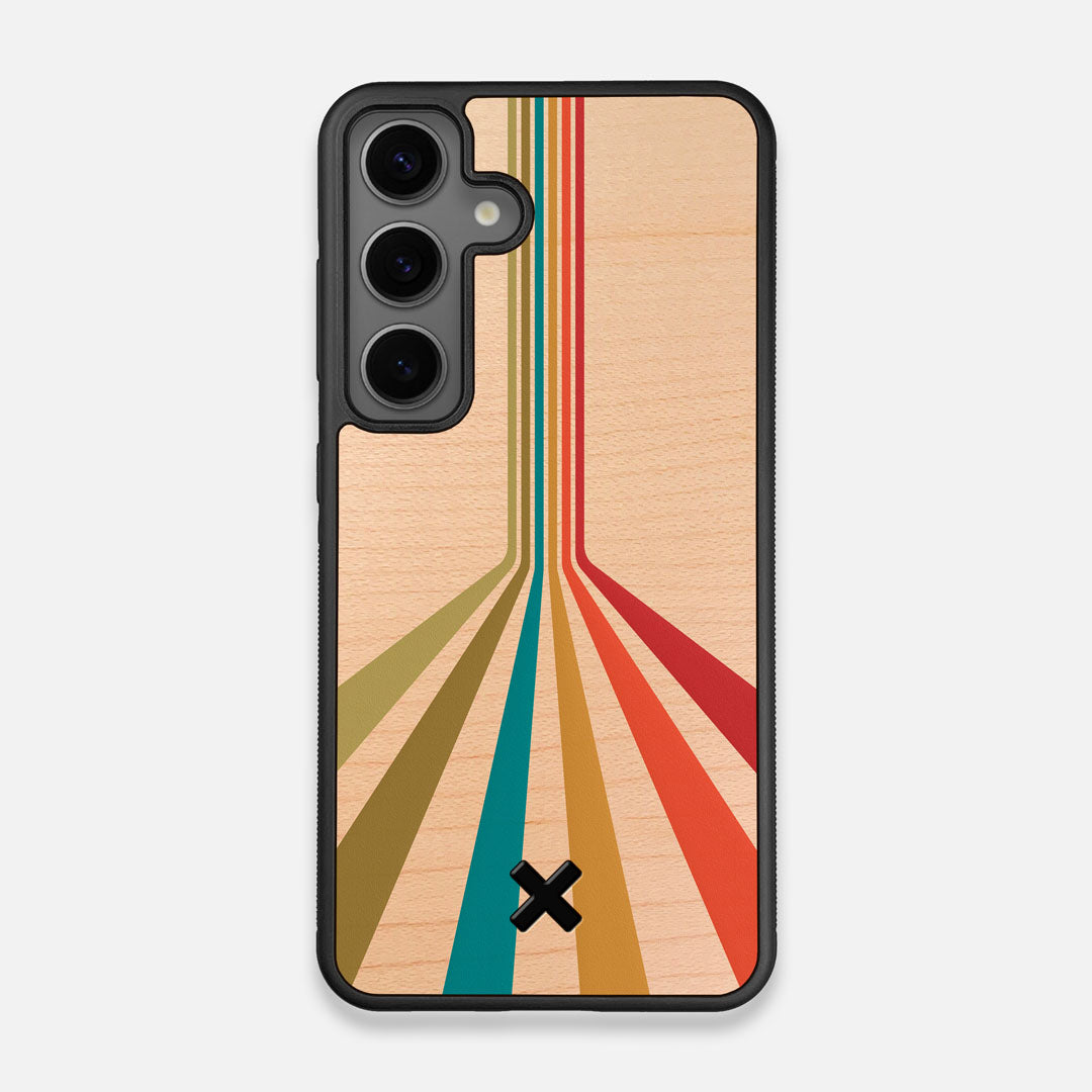 Front view of the array of colour beams splitting across the case printed on Maple wood Galaxy S25 Case by Keyway Designs