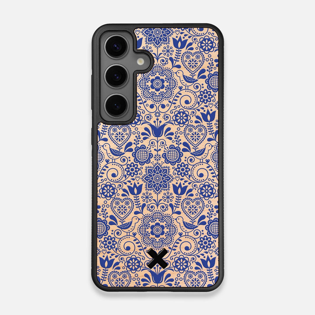 Front view of the blue floral pattern on maple wood Galaxy S25 Case by Keyway Designs