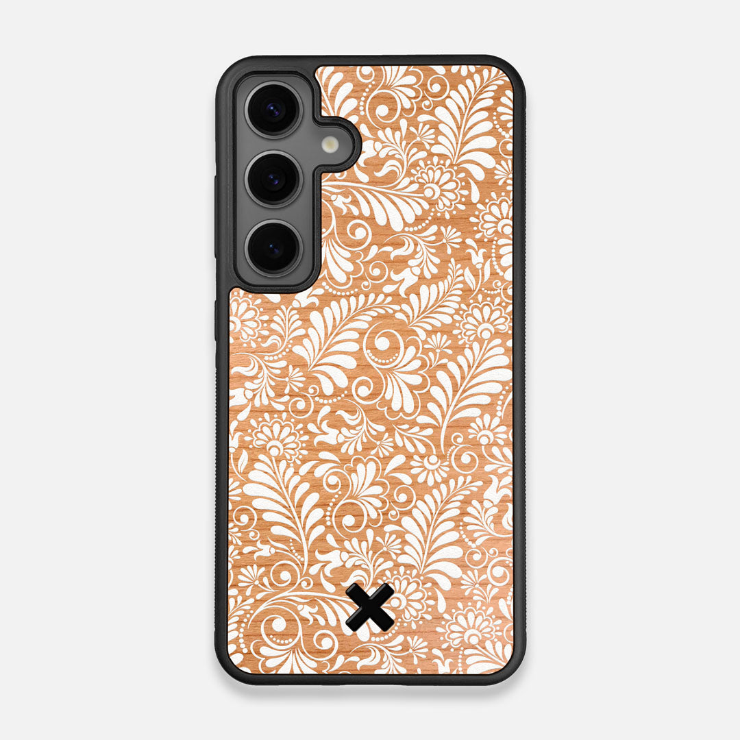 Front view of the white ink flowing botanical print on Cherry wood Galaxy S25 Case by Keyway Designs