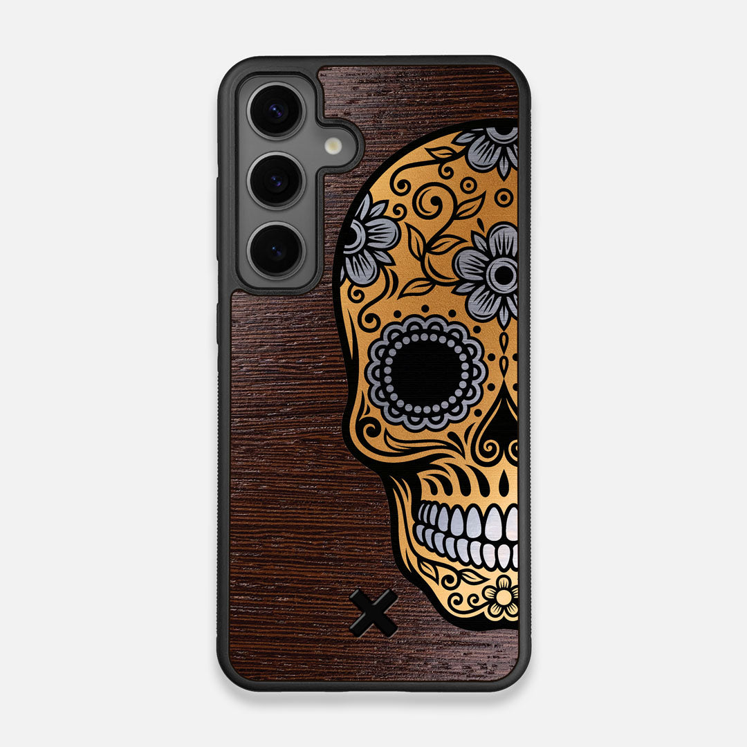 Front view of the Calavera Wood Sugar Skull Wood Galaxy S25 Case by Keyway Designs