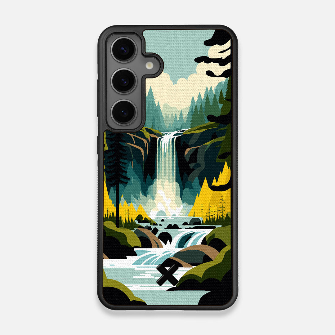 Front view of the stylized peaceful forest waterfall making it's way through the rocks printed to cotton canvas Galaxy S25 Case by Keyway Designs