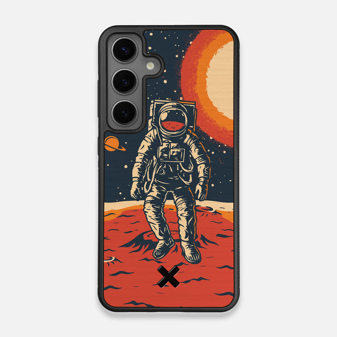 Front view of the stylized astronaut space-walk print on Cherry wood Galaxy S25 Case by Keyway Designs