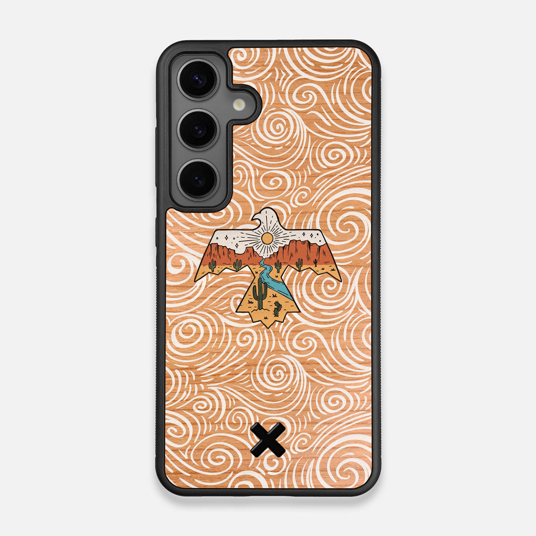 Front view of the double-exposure style eagle over flowing gusts of wind printed on Cherry wood Galaxy S25 Case by Keyway Designs