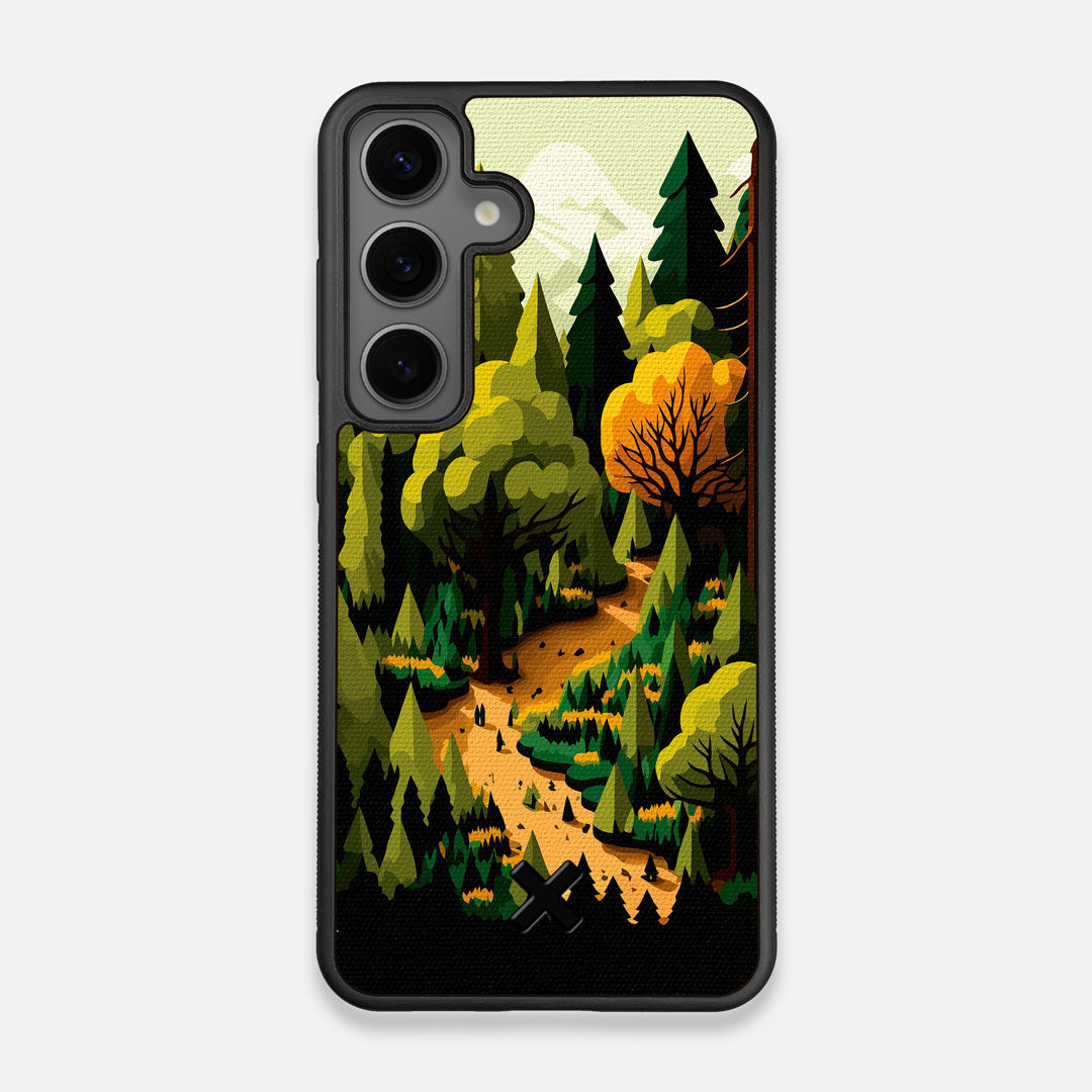 Front view of the stylized quiet forest path making it's way through the evergreen trees printed to cotton canvas Galaxy S25 Case by Keyway Designs