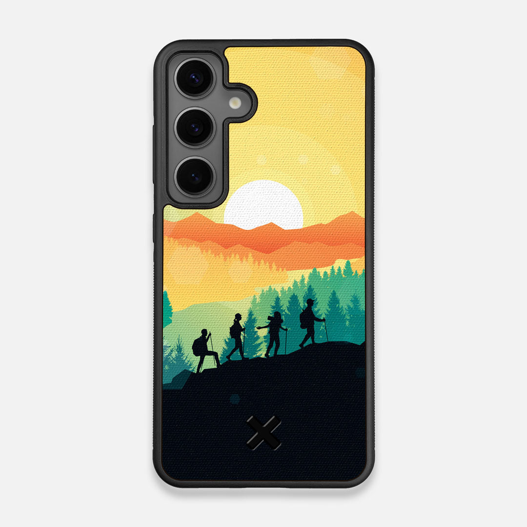 Front view of the stylized group of travellers on an expedition in the mountains printed to cotton canvas Galaxy S25 Case by Keyway Designs