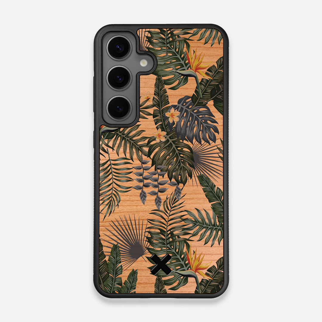 Front view of the Floral tropical leaf printed Cherry Wood Galaxy S25 Case by Keyway Designs