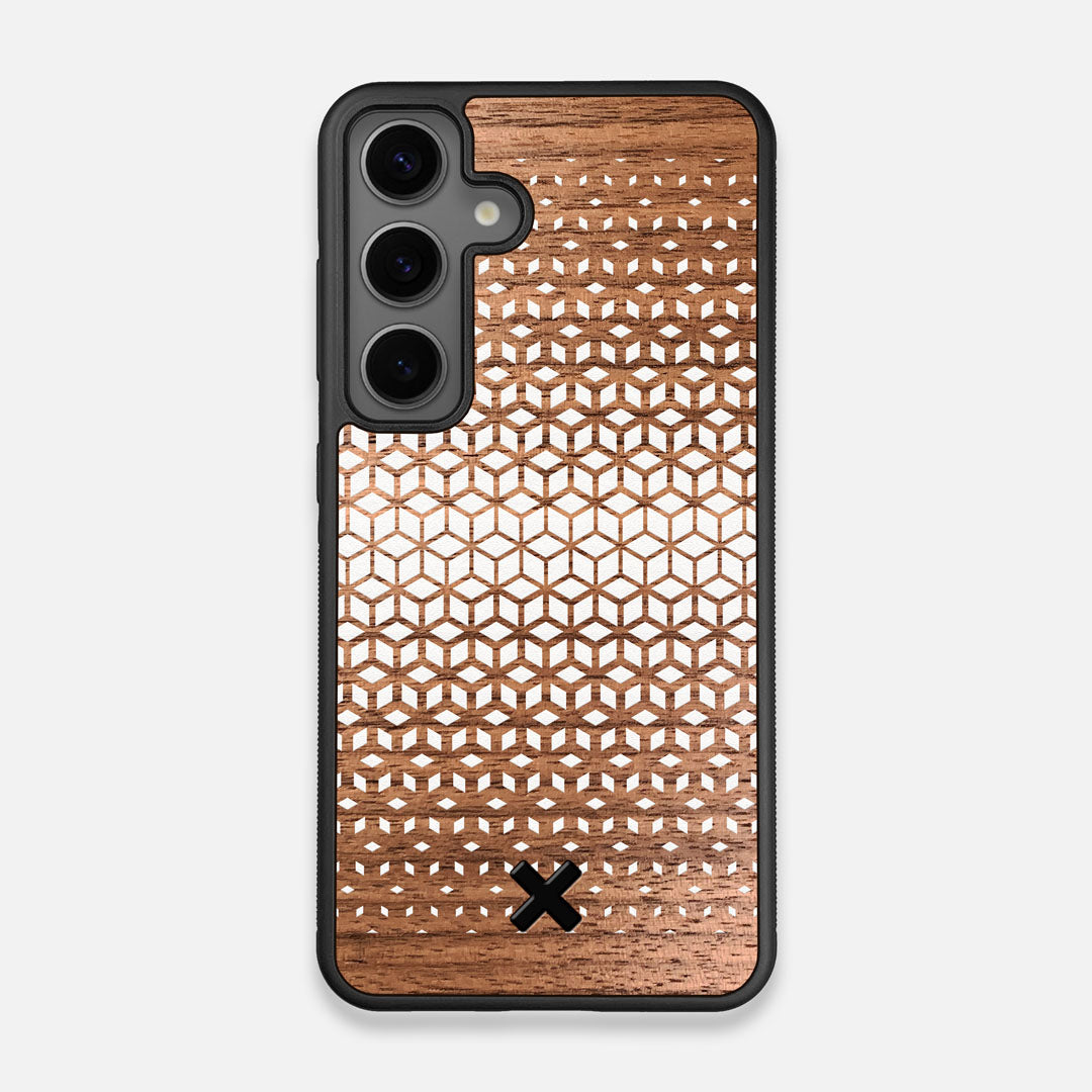 Front view of the white ink geometric gradient printed on Walnut wood Galaxy S25 Case by Keyway Designs