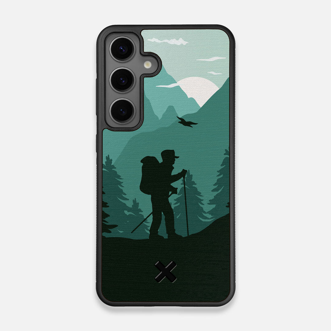 Front view of the stylized mountain hiker print on Wenge wood Galaxy S25 Case by Keyway Designs