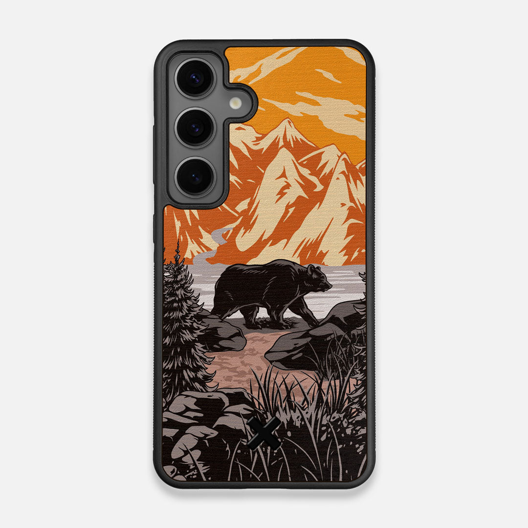 Front view of the stylized Kodiak bear in the mountains print on Wenge wood Galaxy S25 Case by Keyway Designs