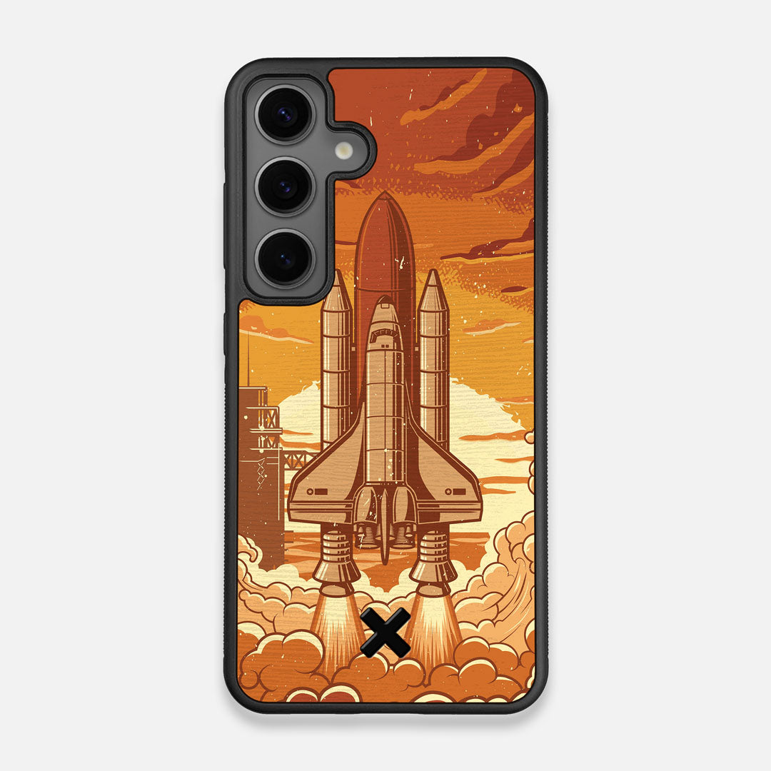 Front view of the vibrant stylized space shuttle launch print on Wenge wood Galaxy S25 Case by Keyway Designs