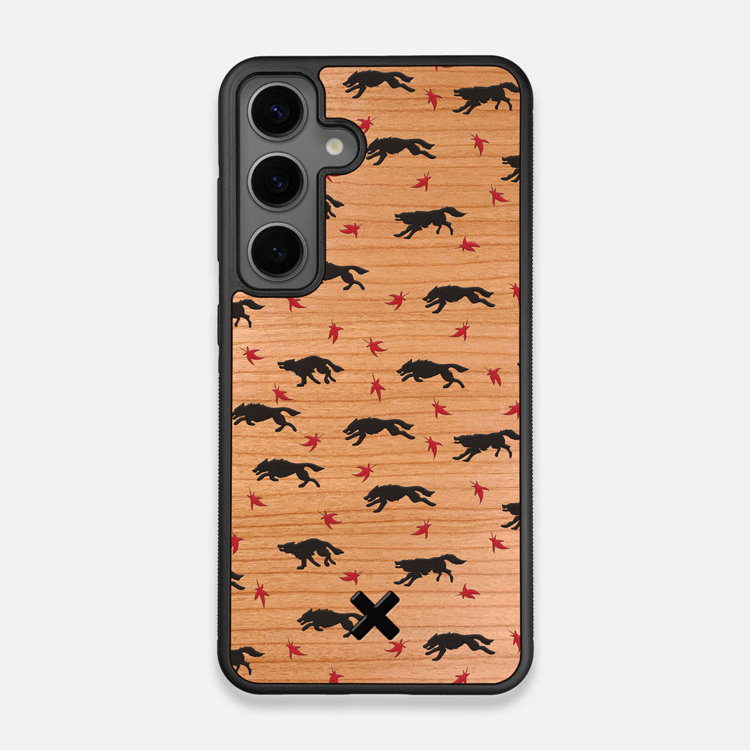 Front view of the unique pattern of wolves and Maple leaves printed on Cherry wood Galaxy S25 Case by Keyway Designs