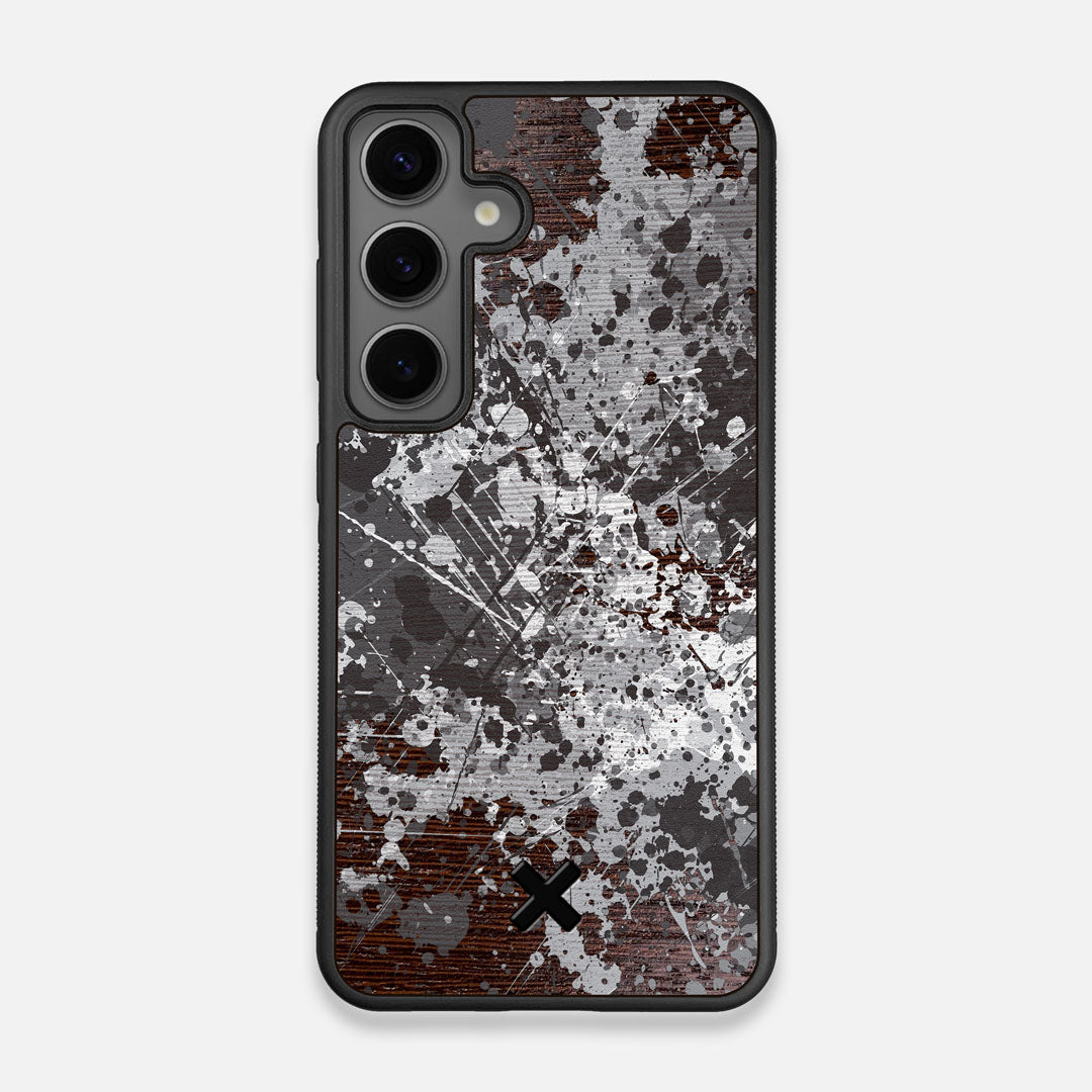 Front view of the aggressive, monochromatic splatter pattern overprintedprinted Wenge Wood Galaxy S25 Case by Keyway Designs