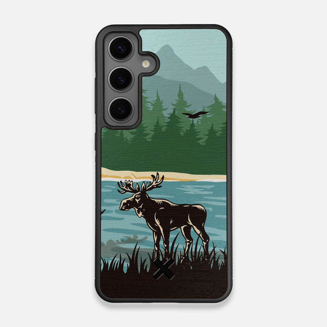 Front view of the stylized bull moose forest print on Wenge wood Galaxy S25 Case by Keyway Designs