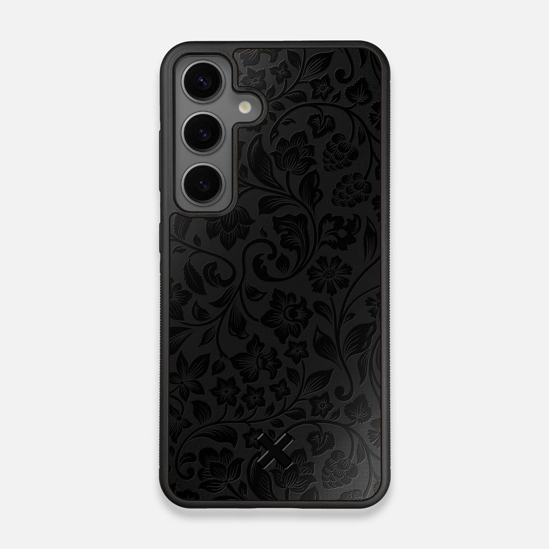 Front view of the highly detailed midnight floral engraving on matte black impact acrylic Galaxy S25 Case by Keyway Designs