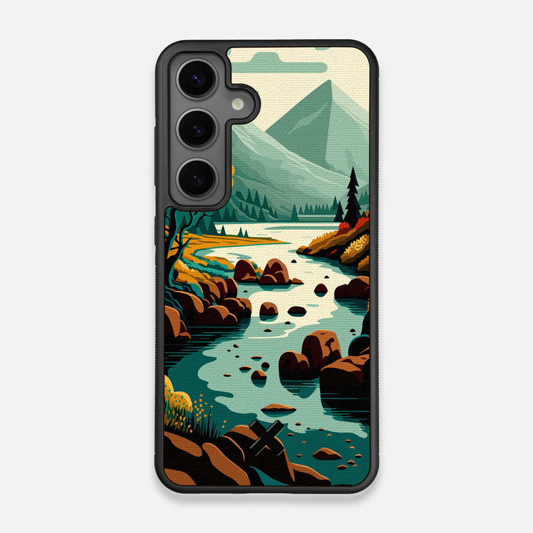 Front view of the stylized calm river flowing towards a lake at the base of the mountains printed to cotton canvas Galaxy S25 Case by Keyway Designs