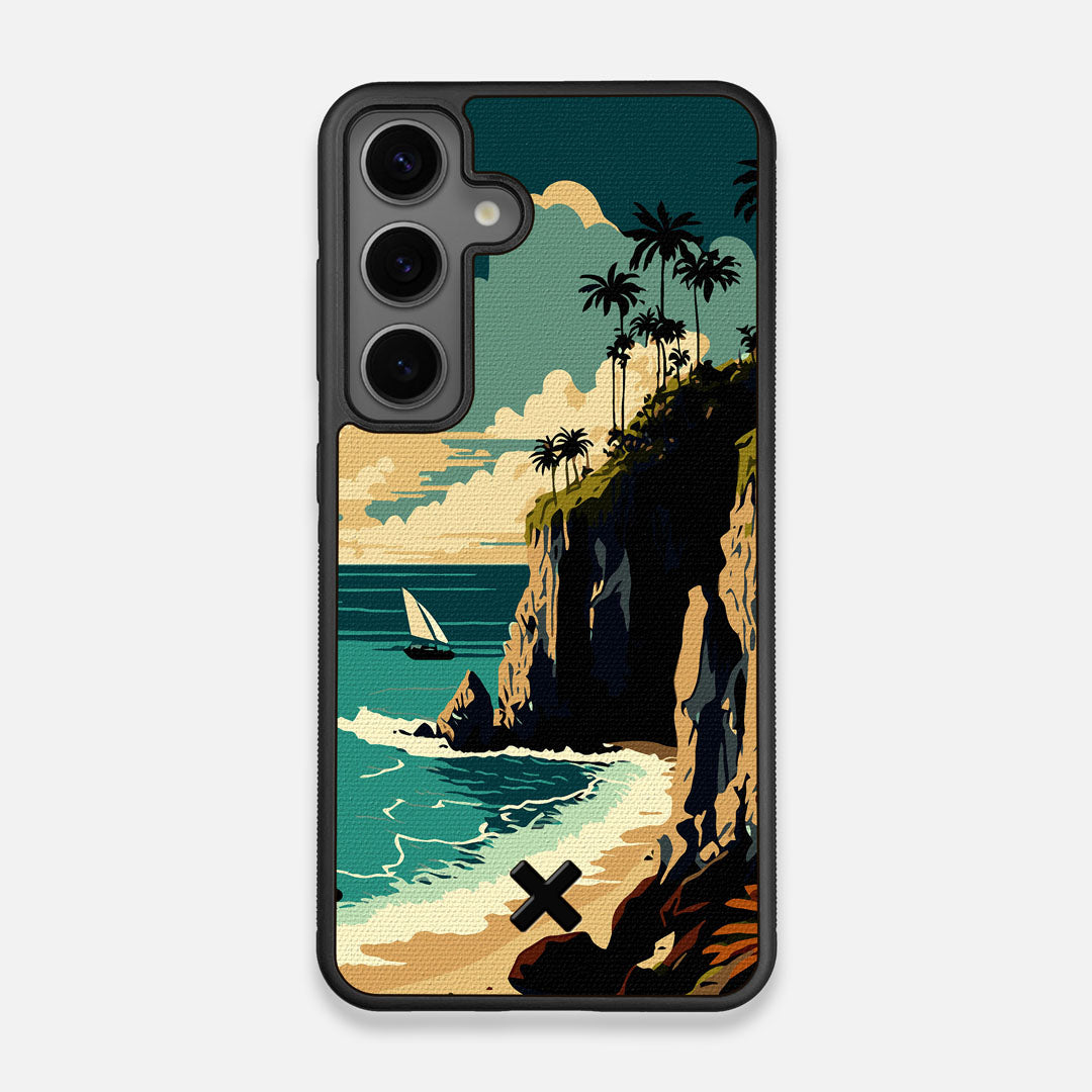 Front view of the stylized seaside bluff with the ocean waves crashing on the shore printed on cotton canvas Galaxy S25 Case by Keyway Designs