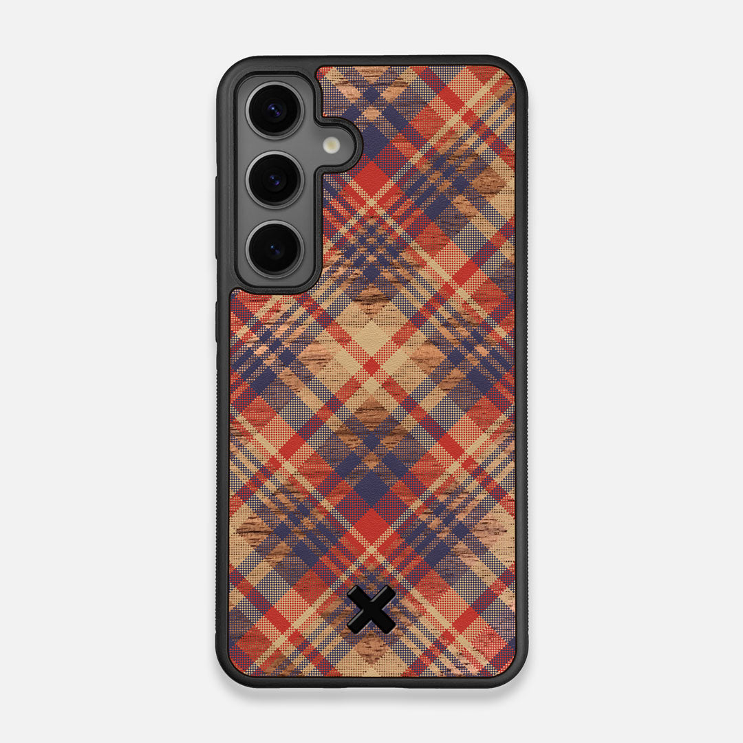 Front view of the Tartan print of beige, blue, and red on Walnut wood Galaxy S25 Case by Keyway Designs