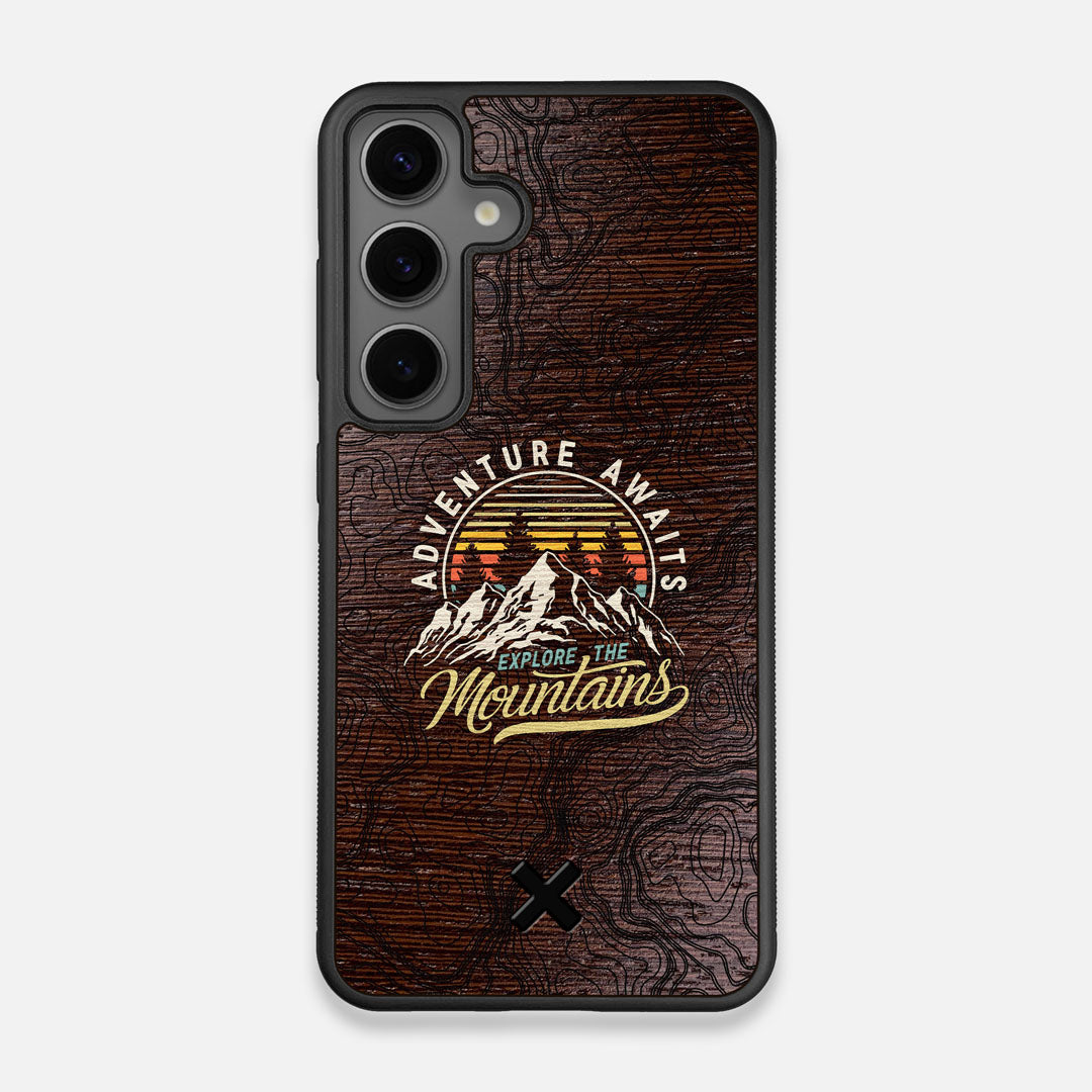 Front view of the crisp topographical map with Explorer badge printed on wenge wood Galaxy S25 Case by Keyway Designs