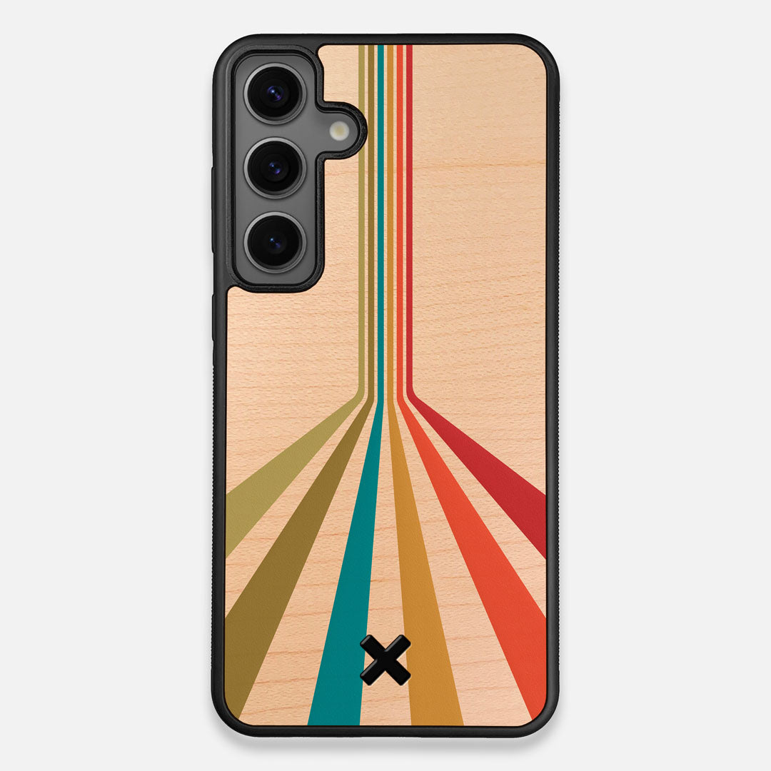 Front view of the array of colour beams splitting across the case printed on Maple wood Galaxy S25+ Case by Keyway Designs