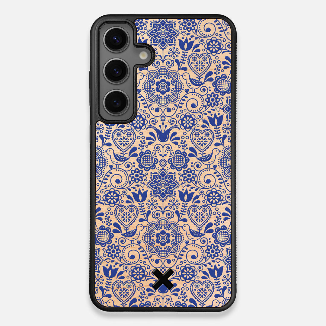 Front view of the blue floral pattern on maple wood Galaxy S25+ Case by Keyway Designs