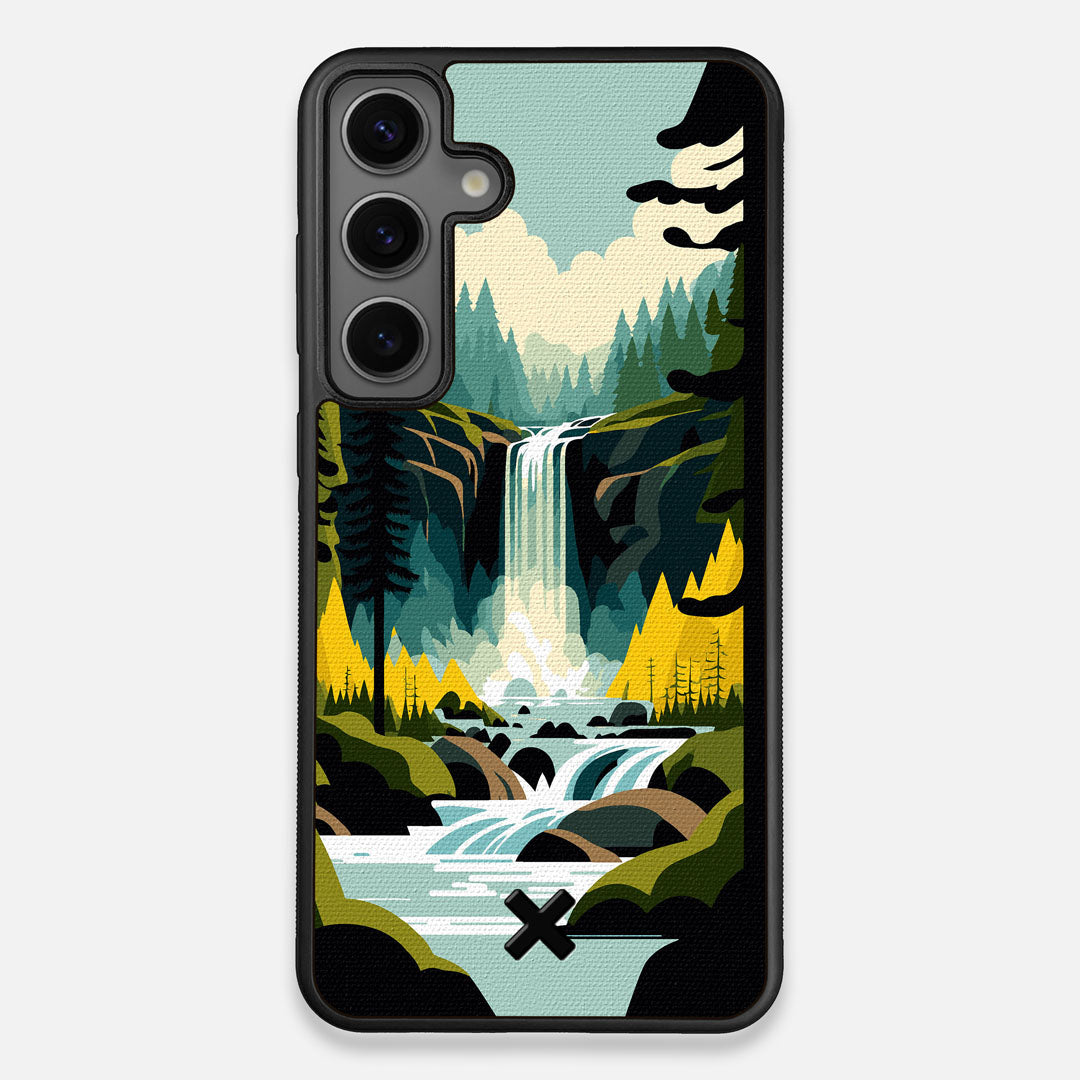 Front view of the stylized peaceful forest waterfall making it's way through the rocks printed to cotton canvas Galaxy S25+ Case by Keyway Designs