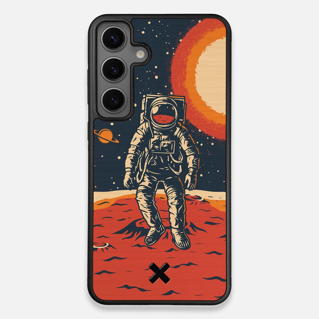 Front view of the stylized astronaut space-walk print on Cherry wood Galaxy S25+ Case by Keyway Designs