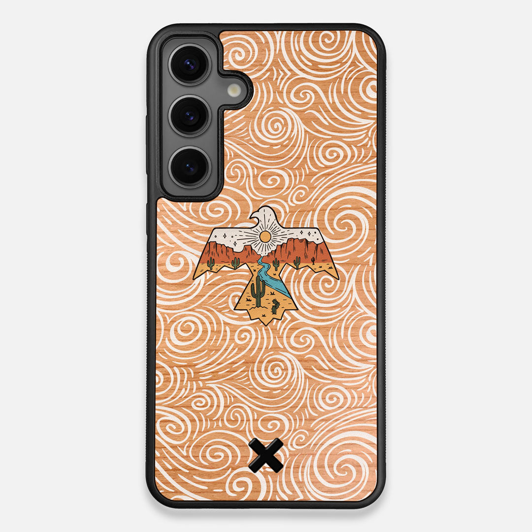 Front view of the double-exposure style eagle over flowing gusts of wind printed on Cherry wood Galaxy S25+ Case by Keyway Designs