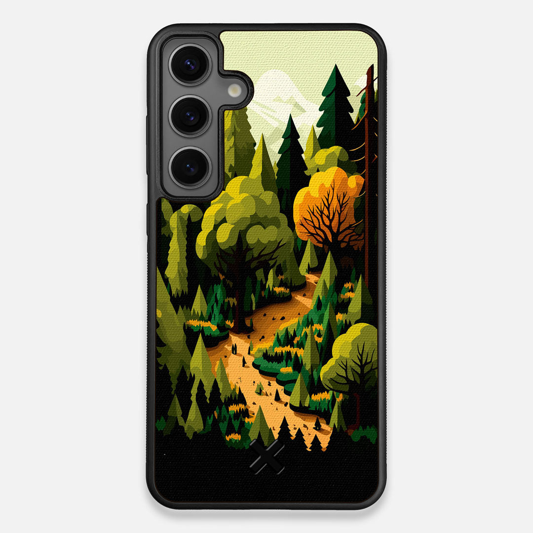 Front view of the stylized quiet forest path making it's way through the evergreen trees printed to cotton canvas Galaxy S25+ Case by Keyway Designs