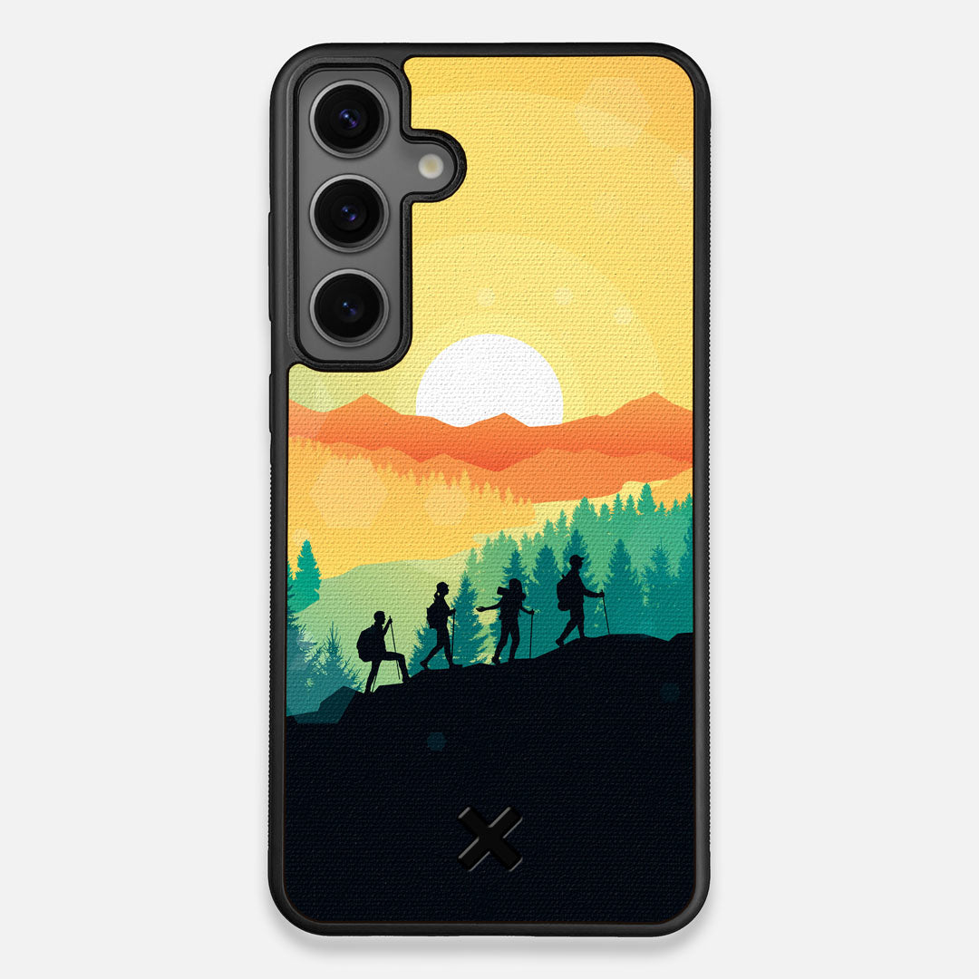 Front view of the stylized group of travellers on an expedition in the mountains printed to cotton canvas Galaxy S25+ Case by Keyway Designs