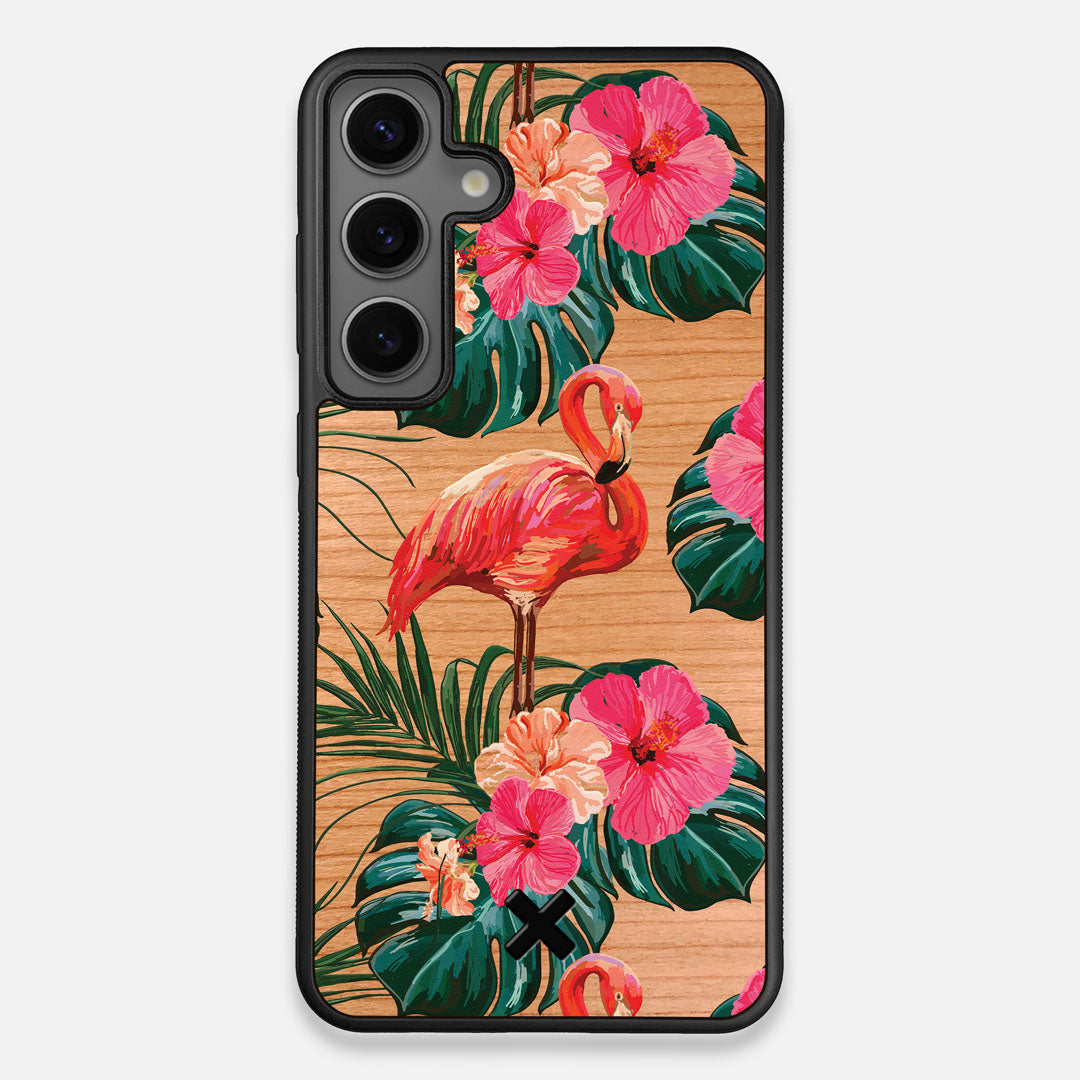 Front view of the Flamingo & Floral printed Cherry Wood Galaxy S25+ Case by Keyway Designs