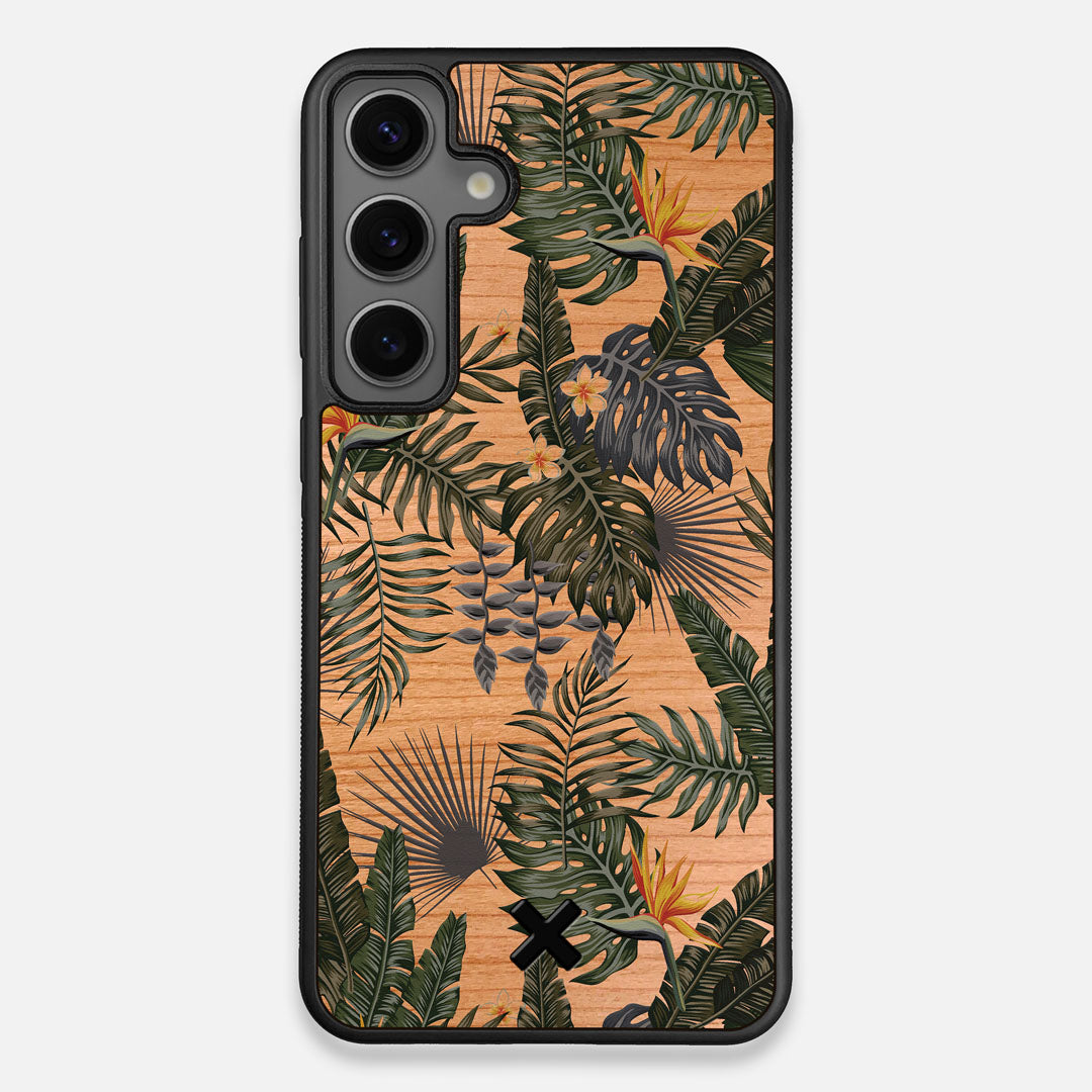 Front view of the Floral tropical leaf printed Cherry Wood Galaxy S25+ Case by Keyway Designs