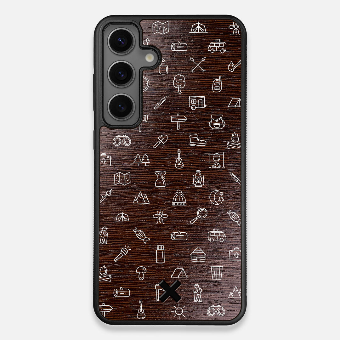 Front view of the fun detailed camping icon print on Wenge wood Galaxy S25+ Case by Keyway Designs