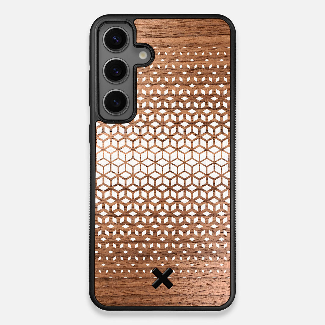 Front view of the white ink geometric gradient printed on Walnut wood Galaxy S25+ Case by Keyway Designs