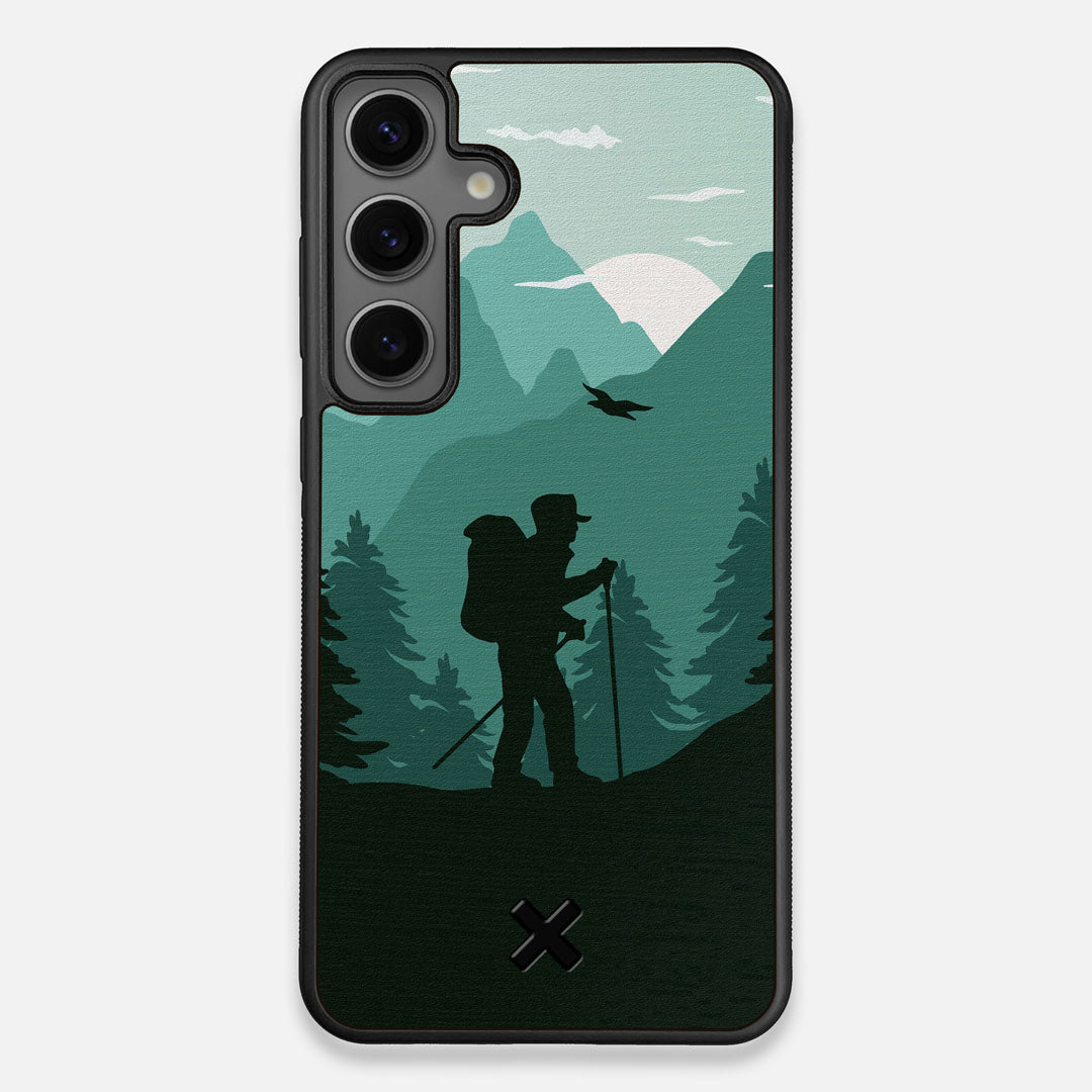 Front view of the stylized mountain hiker print on Wenge wood Galaxy S25+ Case by Keyway Designs