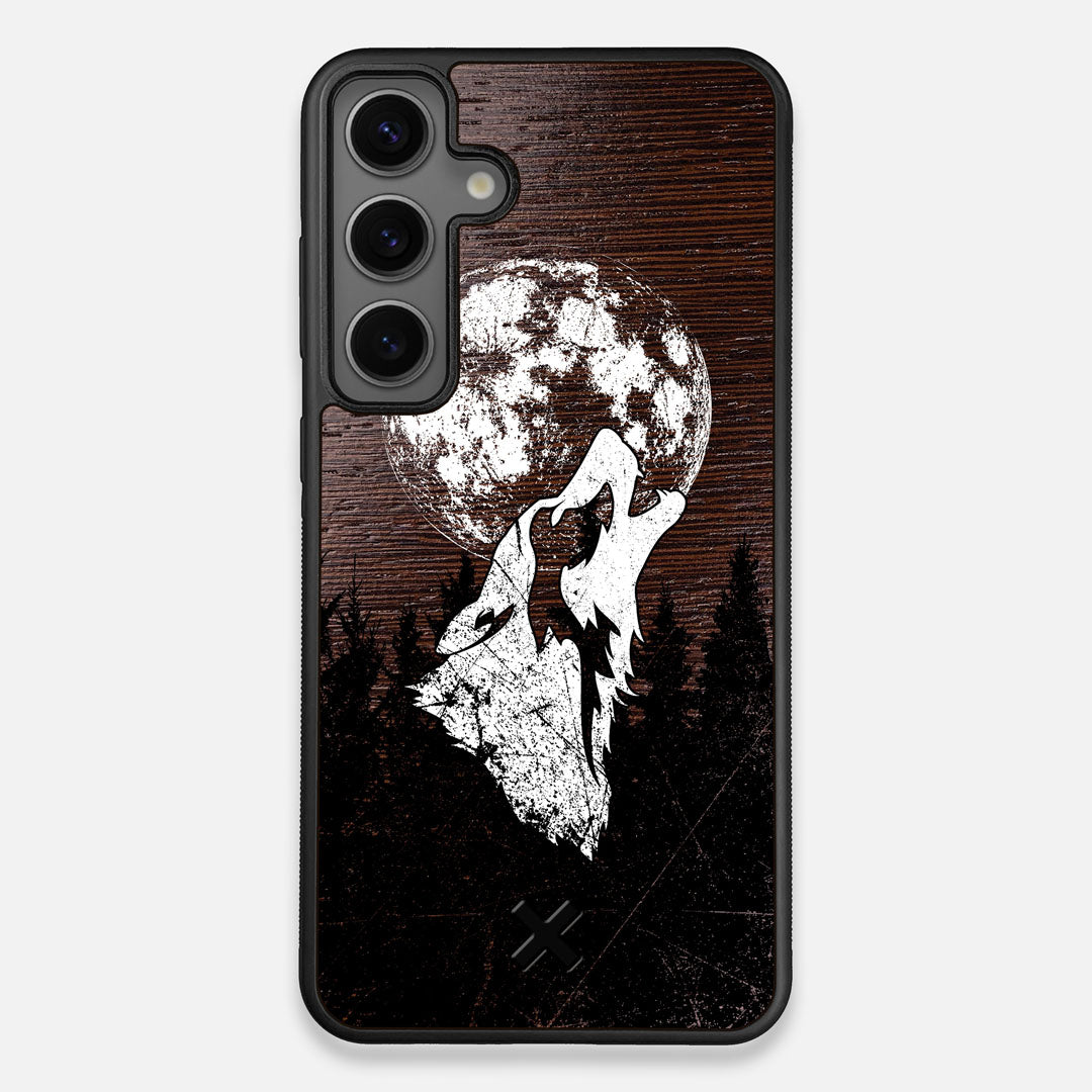 Front view of the high-contrast howling wolf on a full moon printed on a Wenge Wood Galaxy S25 Plus Case by Keyway Designs