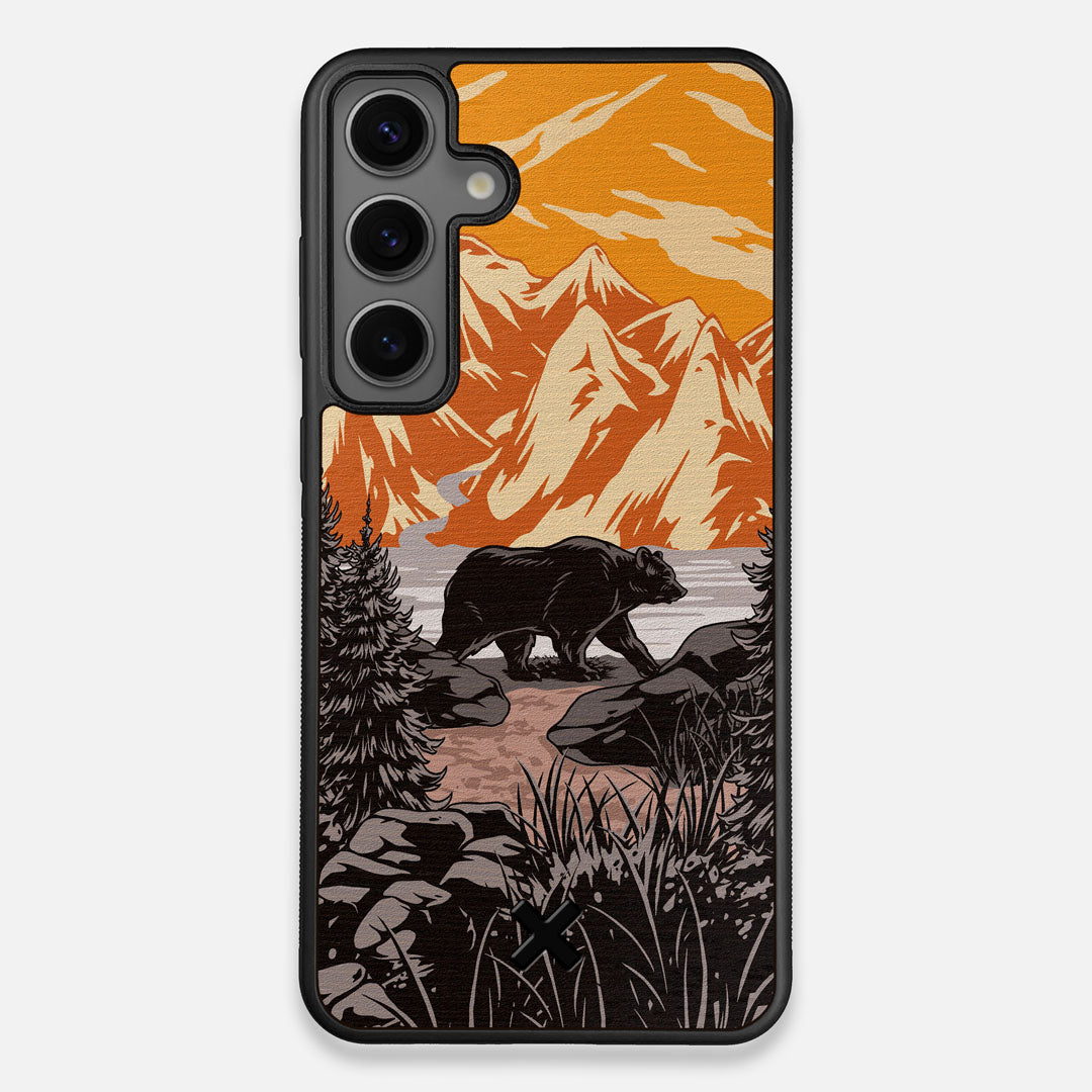 Front view of the stylized Kodiak bear in the mountains print on Wenge wood Galaxy S25+ Case by Keyway Designs