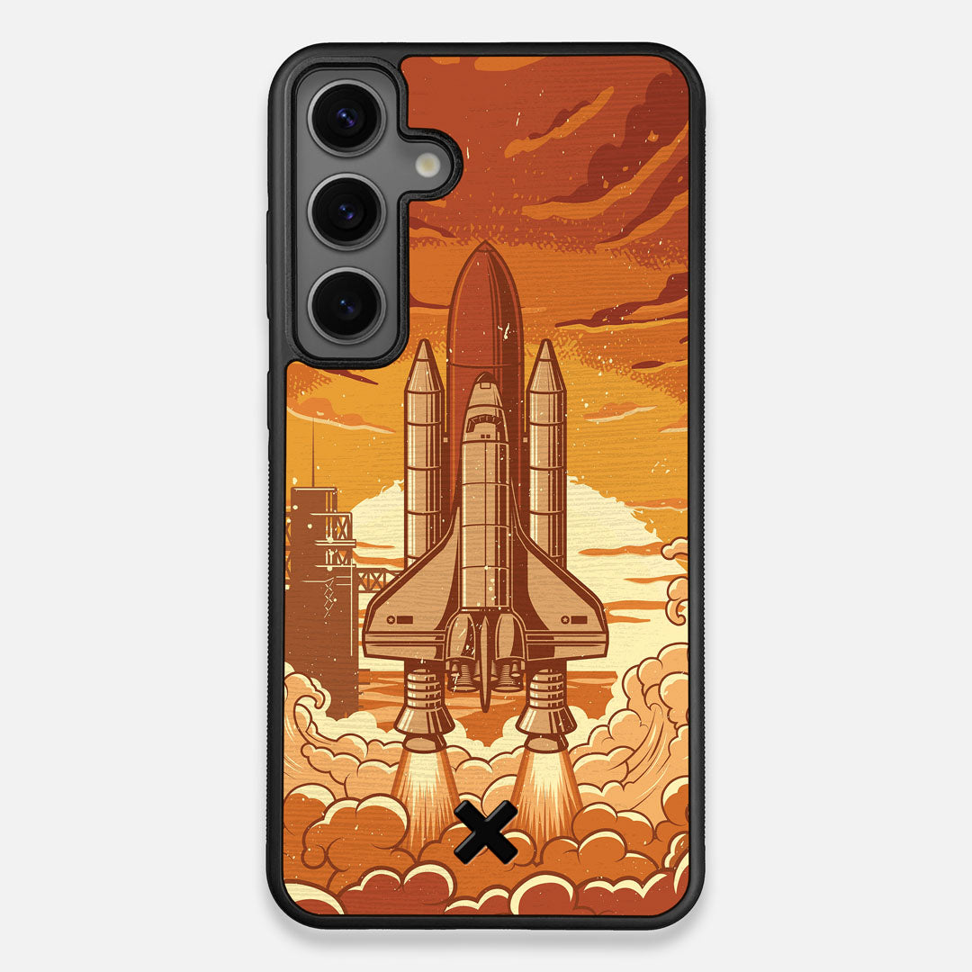 Front view of the vibrant stylized space shuttle launch print on Wenge wood Galaxy S25+ Case by Keyway Designs