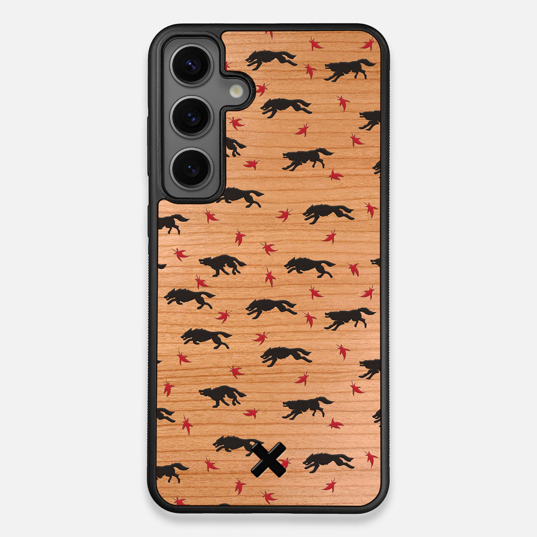 Front view of the unique pattern of wolves and Maple leaves printed on Cherry wood Galaxy S25+ Case by Keyway Designs