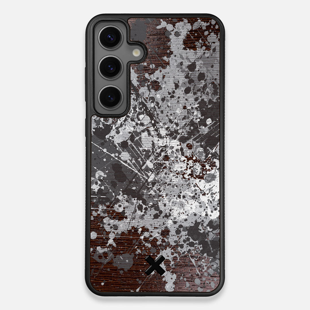 Front view of the aggressive, monochromatic splatter pattern overprintedprinted Wenge Wood Galaxy S25+ Case by Keyway Designs