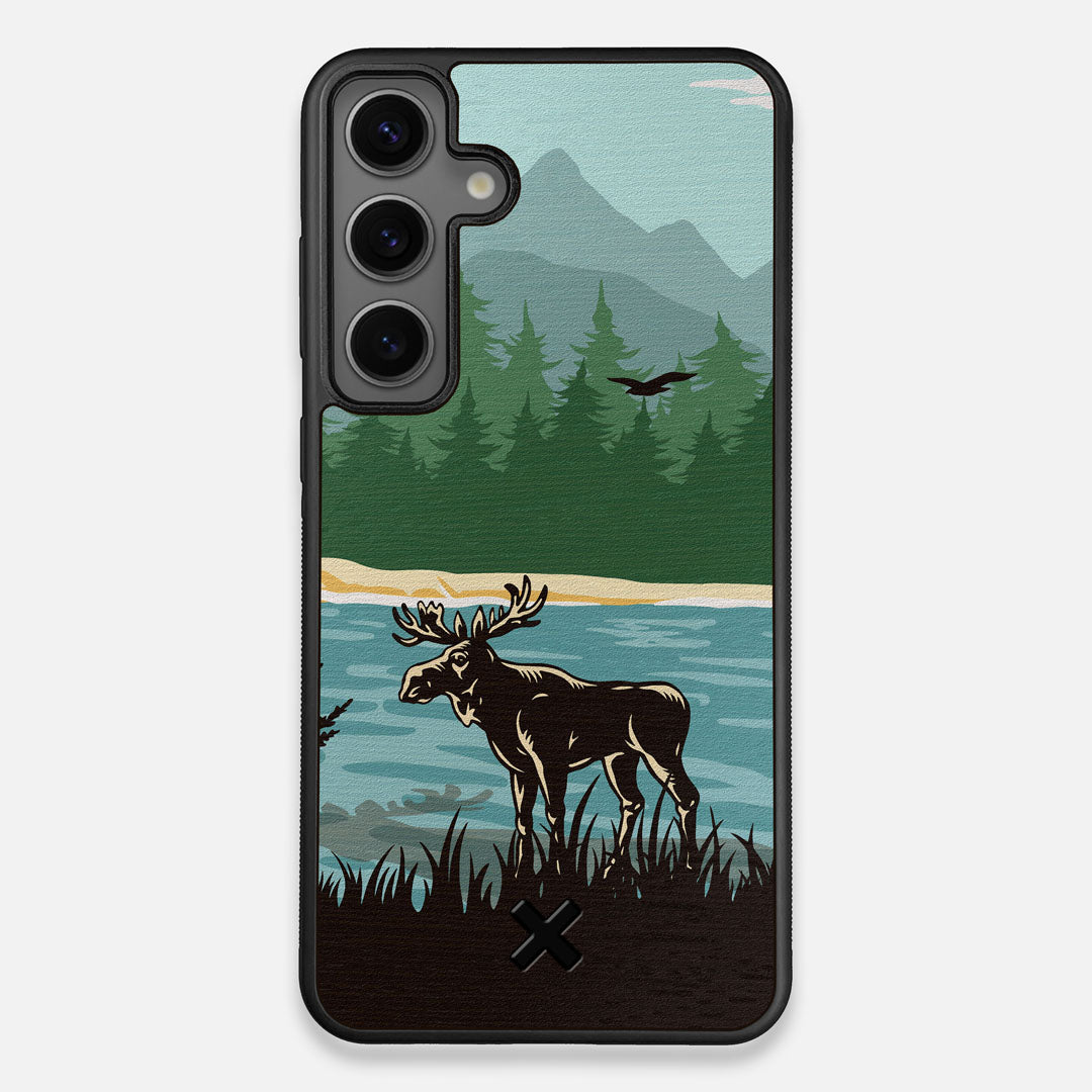 Front view of the stylized bull moose forest print on Wenge wood Galaxy S25+ Case by Keyway Designs