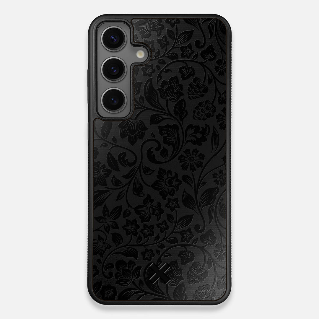 Front view of the highly detailed midnight floral engraving on matte black impact acrylic Galaxy S25 Plus Case by Keyway Designs